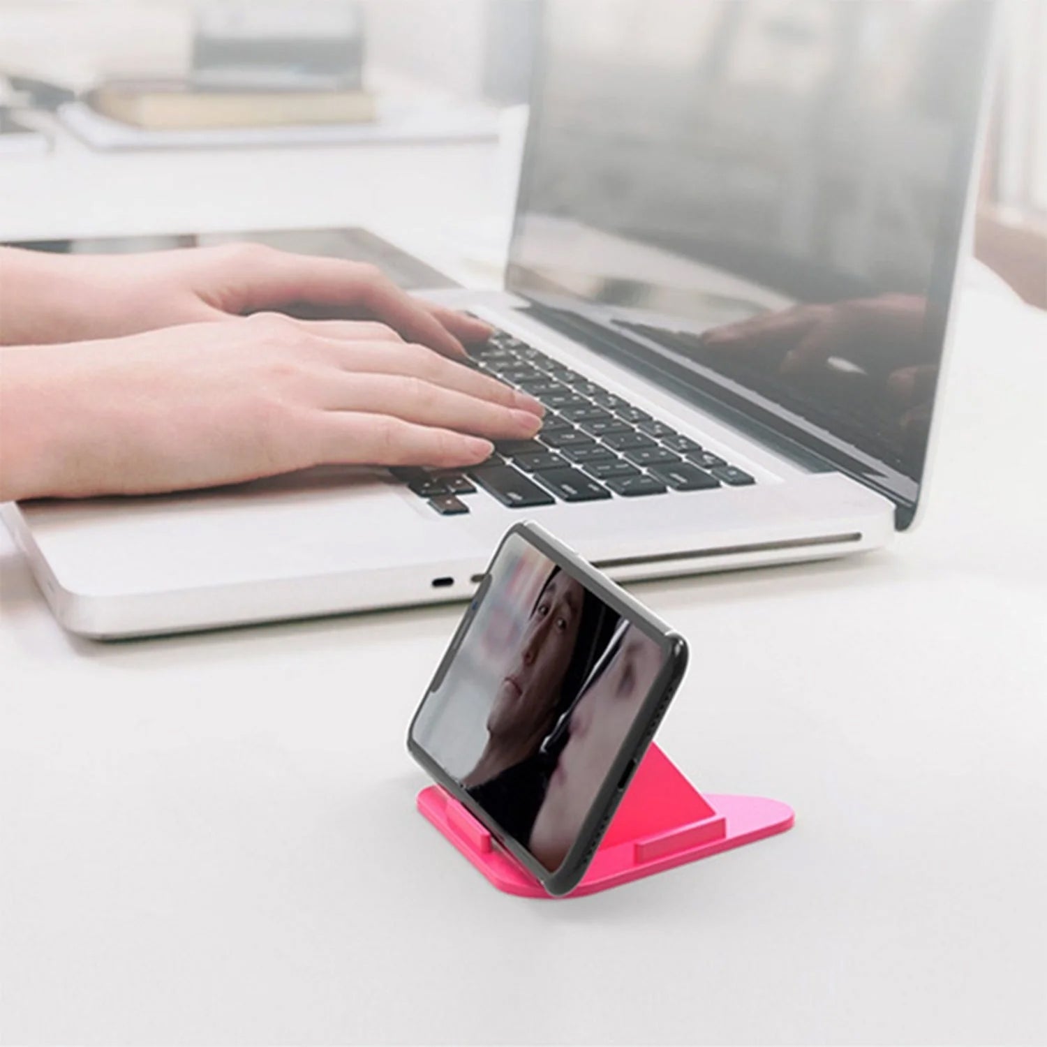 Compact set with wearable neck fan, foldable mobile stand and USB charging cable