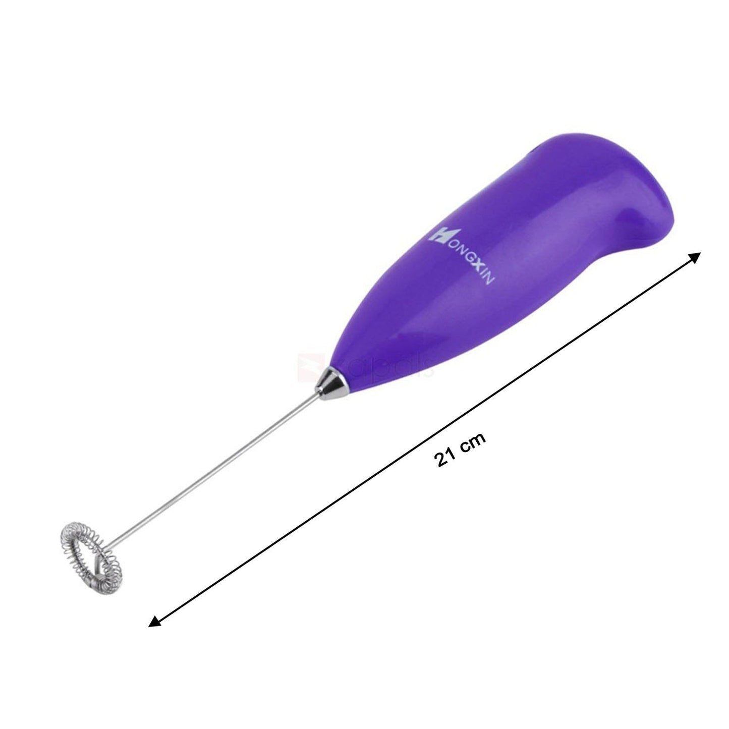 A purple frother with a silver whisk is displayed on a white background with a 21 cm length measurement.