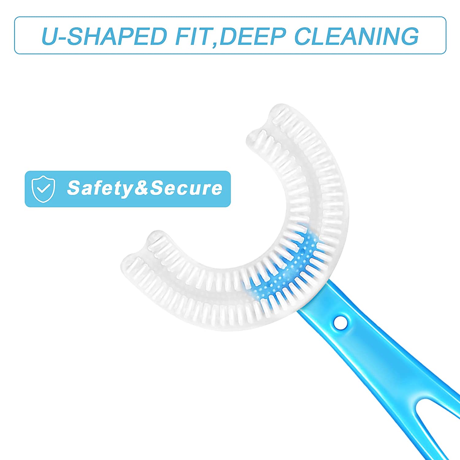 Kids U-shaped silicone toothbrush with soft bristles for convenient and thorough cleaning.