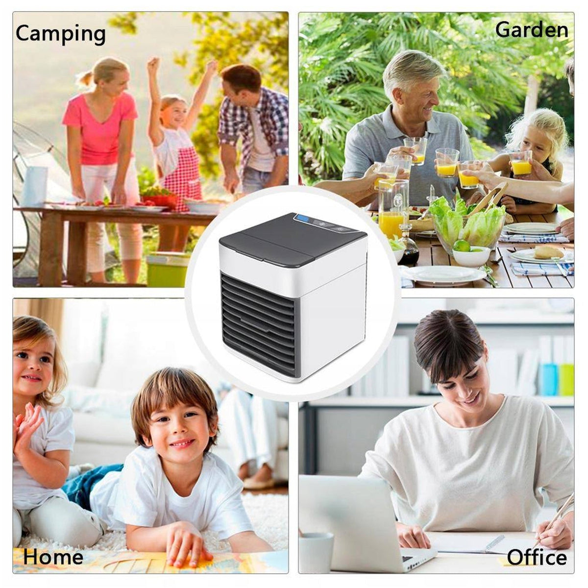 Four scenes showing the portable air cooler being used in different settings: camping, garden, home, and office.