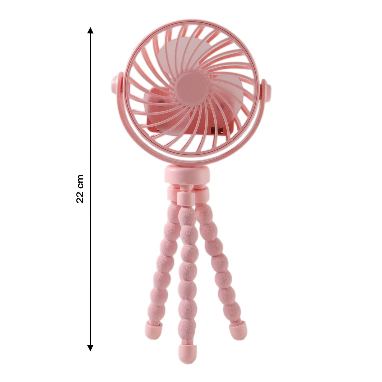 Portable fan mounted on flexible tripod stand in use outdoors