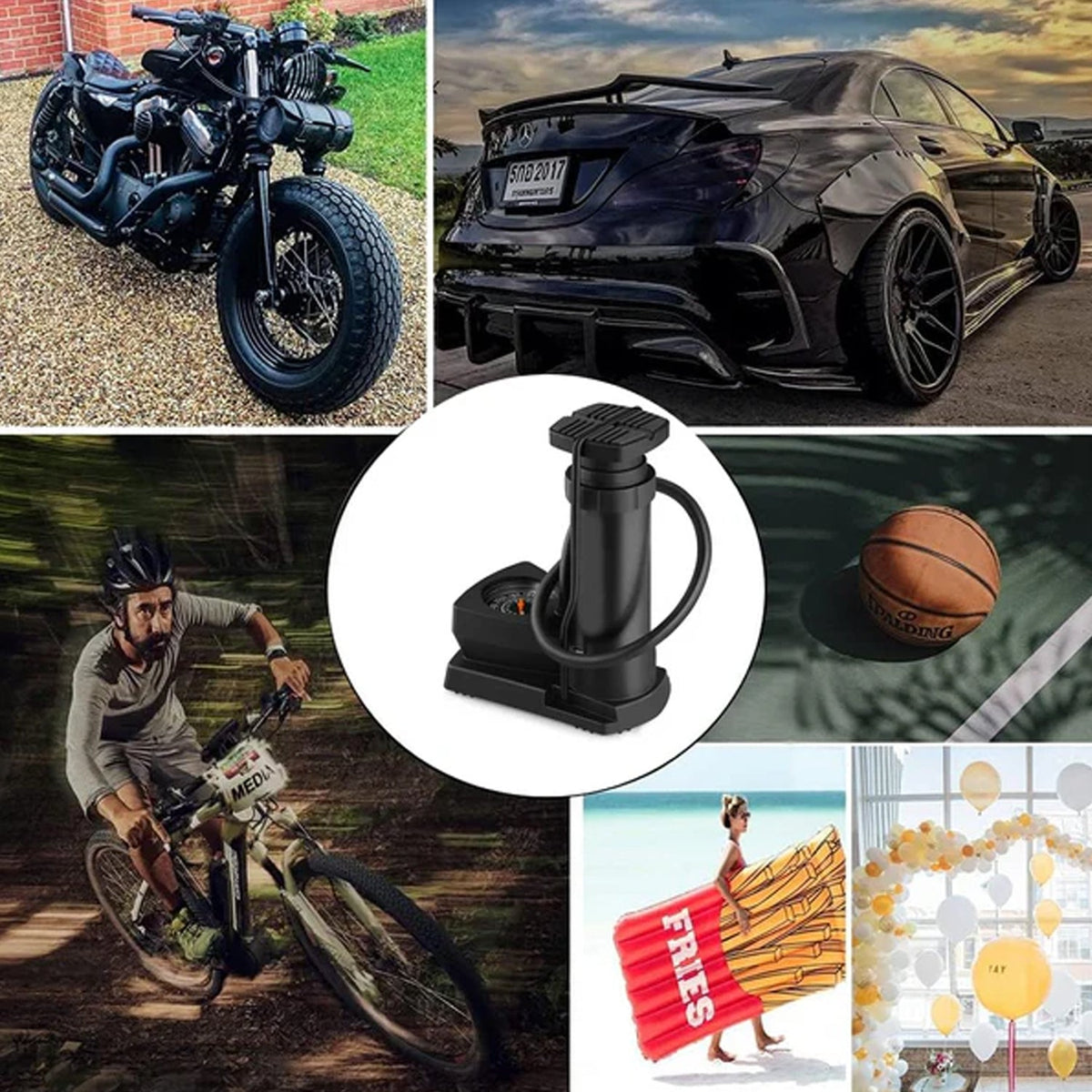 A collage of a black foot pump and various items it can inflate, including vehicles, balls, and balloons.