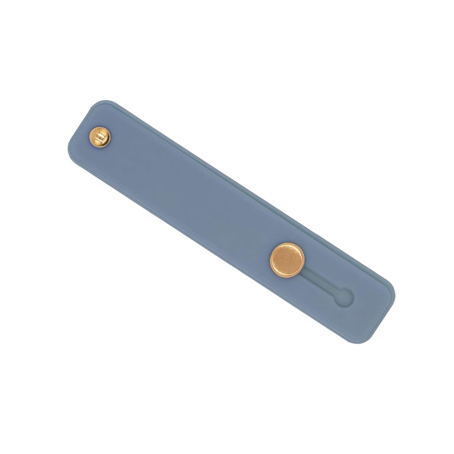 A single blue silicone phone grip with gold buttons, isolated on a white background.
