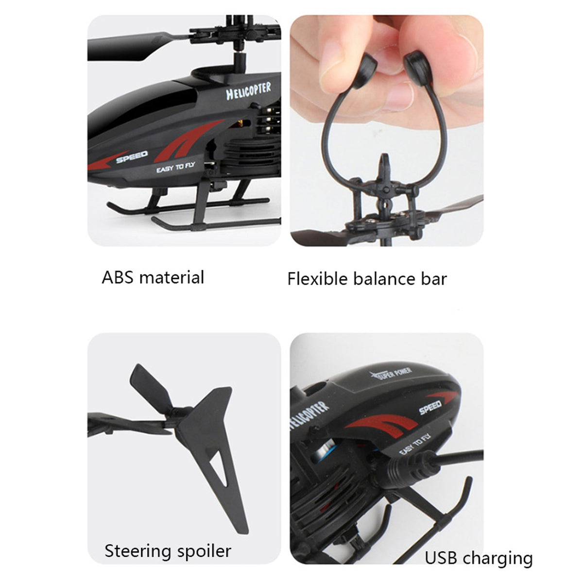 Four close-up views of the red and black toy helicopter highlighting its ABS material, flexible balance bar, steering
