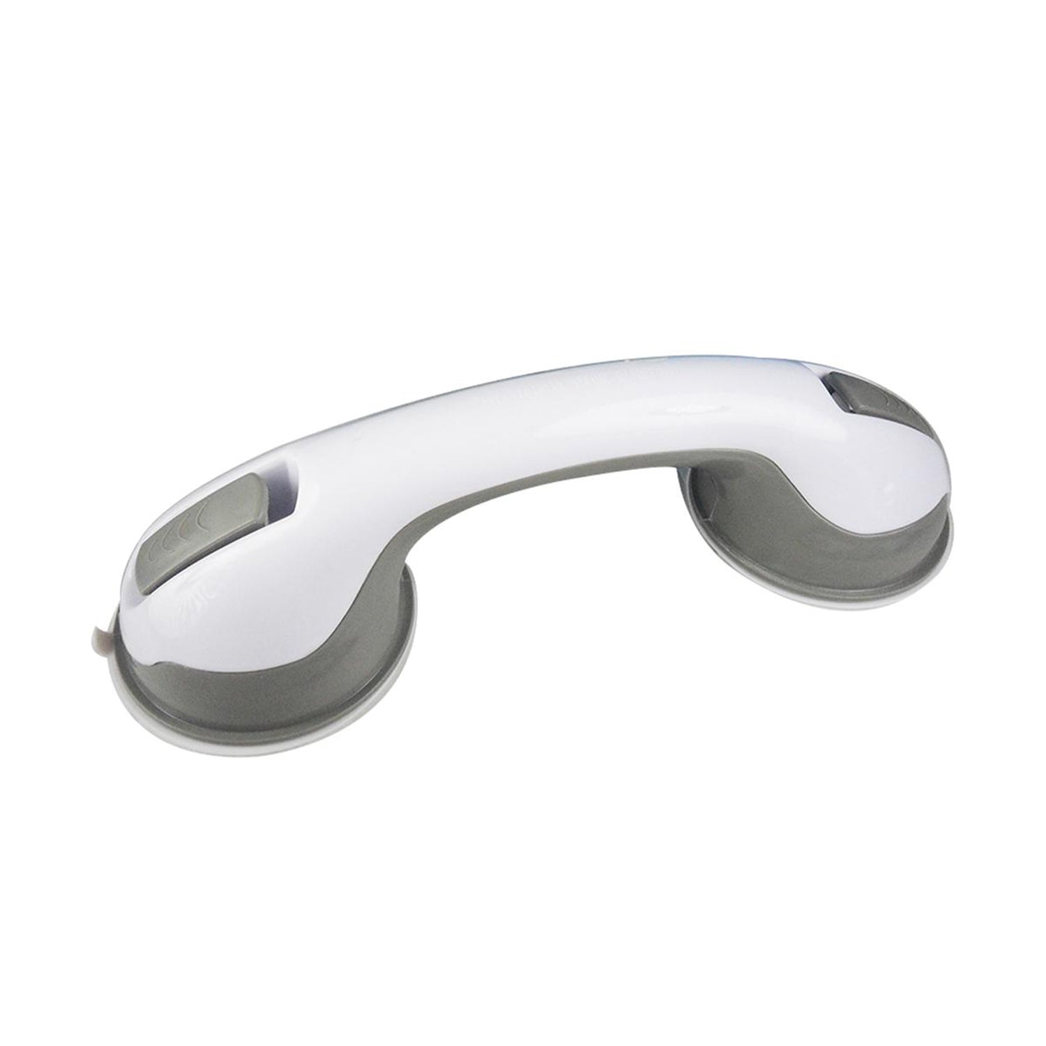 A white and gray suction grip handle is shown from a slight angle on a white background.