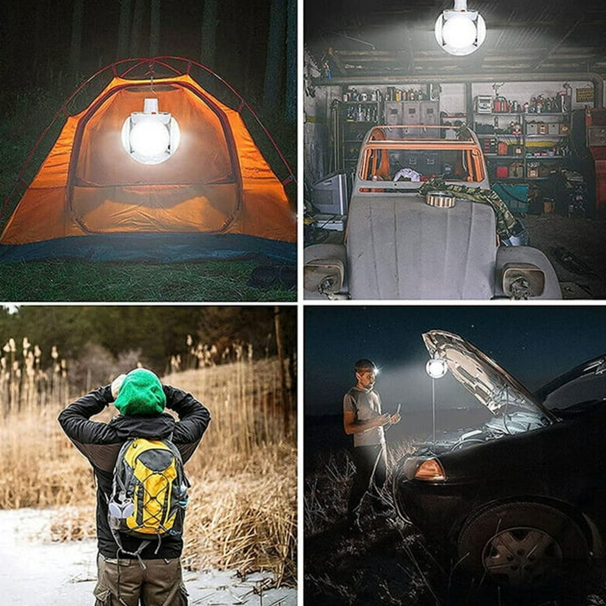 A four-panel grid shows the camping light illuminating a tent, a garage, a person in nature, and a car engine.