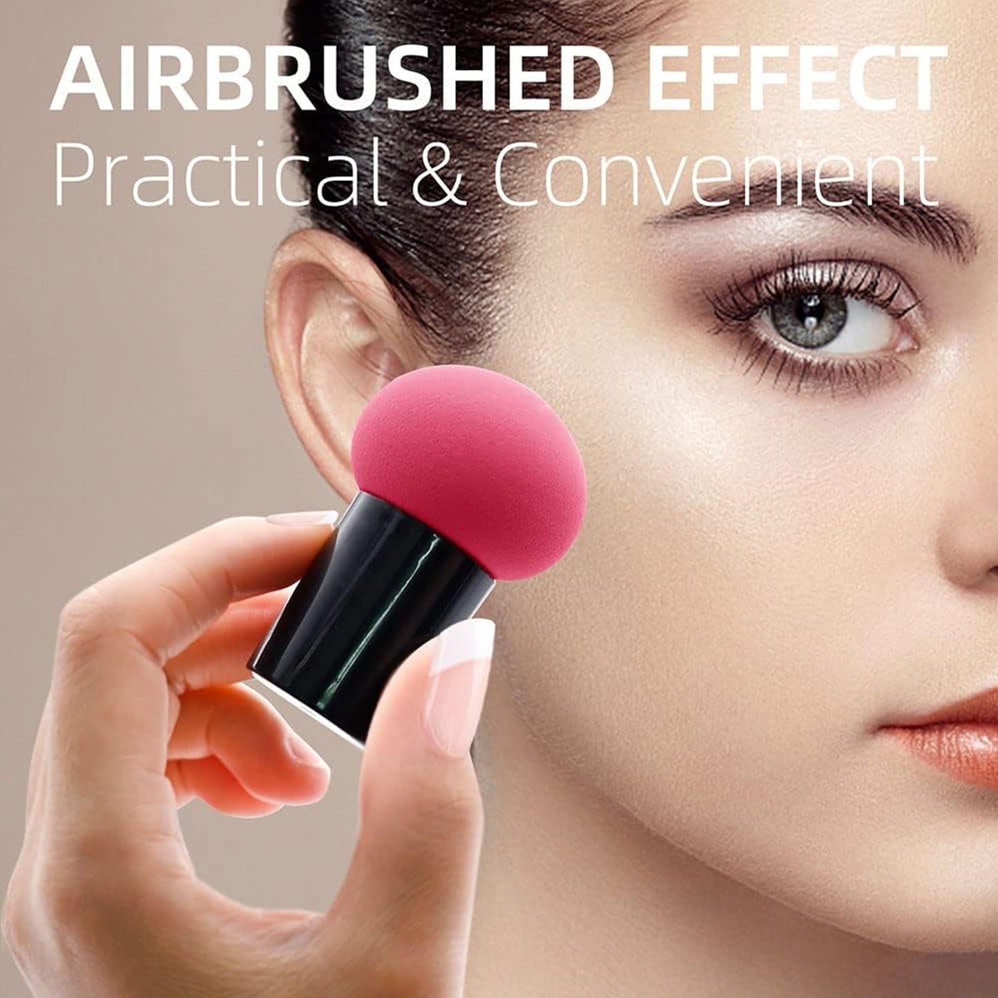 Top view of soft, ergonomic makeup sponge puff with handle