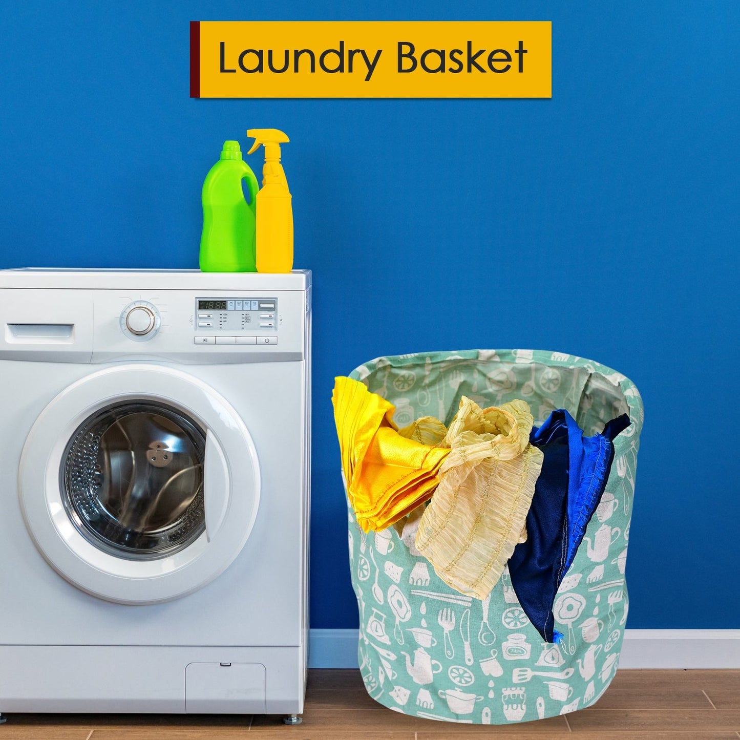 Mint green laundry hamper with kitchen utensil pattern, filled with colorful clothes next to a washing machine.