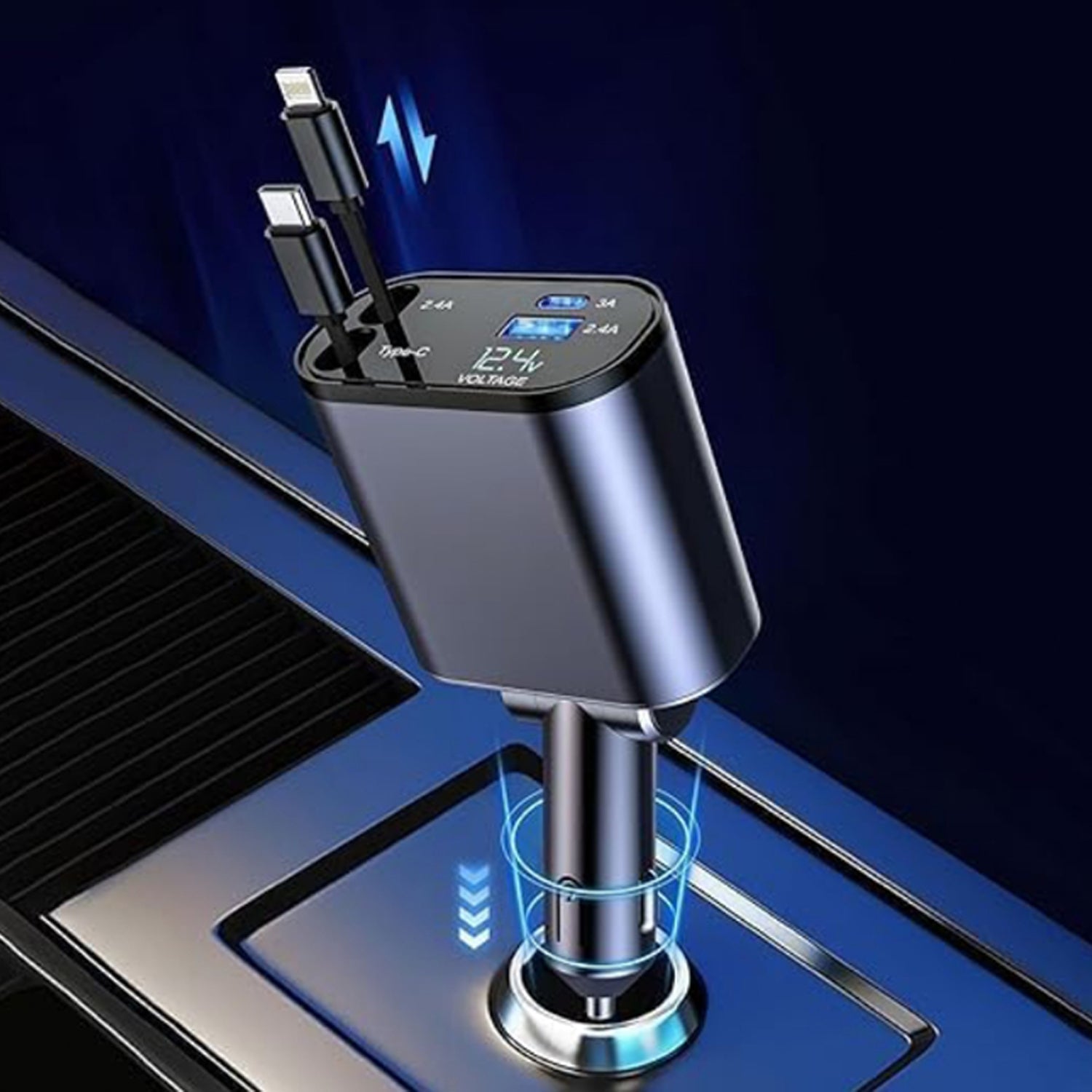 A close-up of the gray car charger plugged into a car's cigarette lighter, with a blue light emanating from the base.