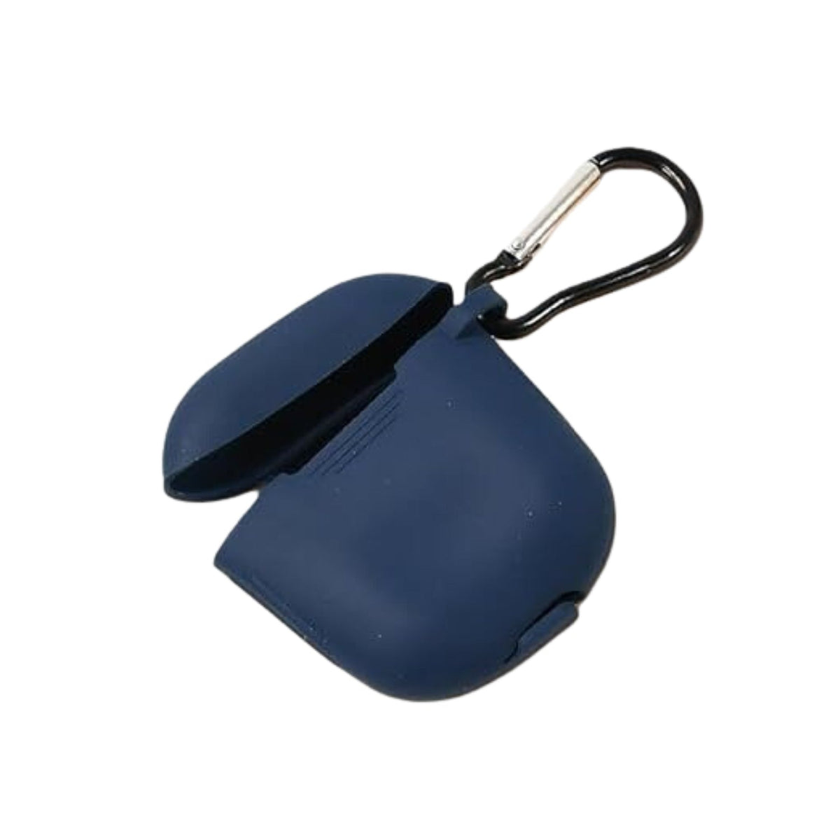 A navy blue silicone earbud case with an open lid and black carabiner is isolated on a white background.