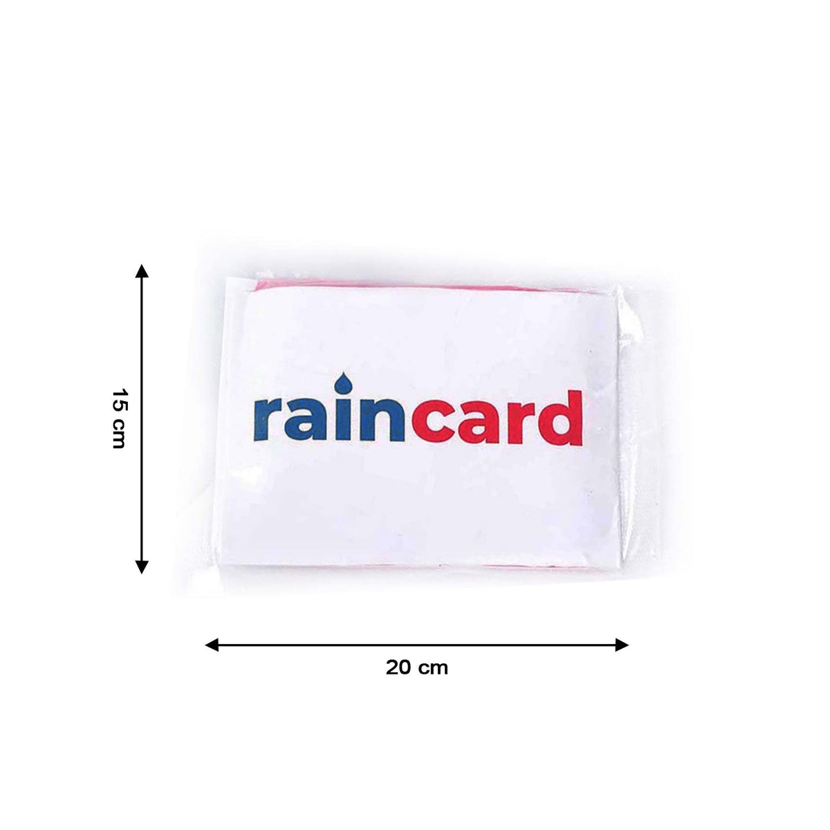 A 'raincard' in a plastic sleeve with dimensions indicated: 15 cm height and 20 cm width.