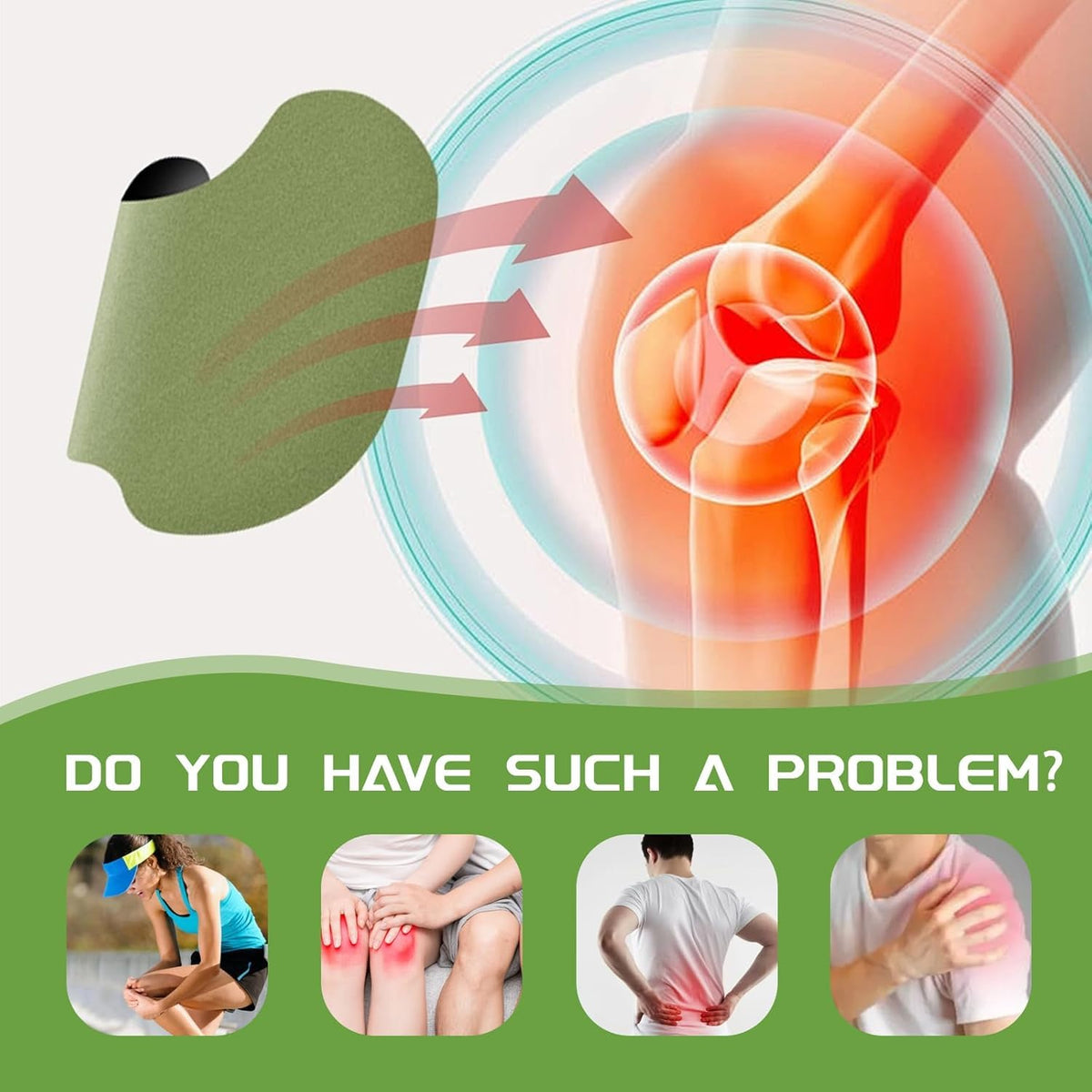 A green patch with arrows points to a glowing red knee joint, with four small images of people in pain below.