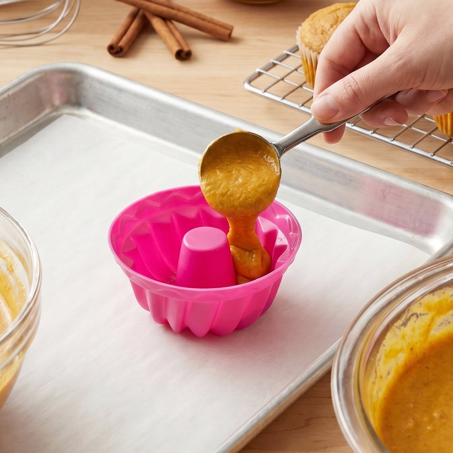 Pouring batter into silicone mould for cupcakes in kitchen