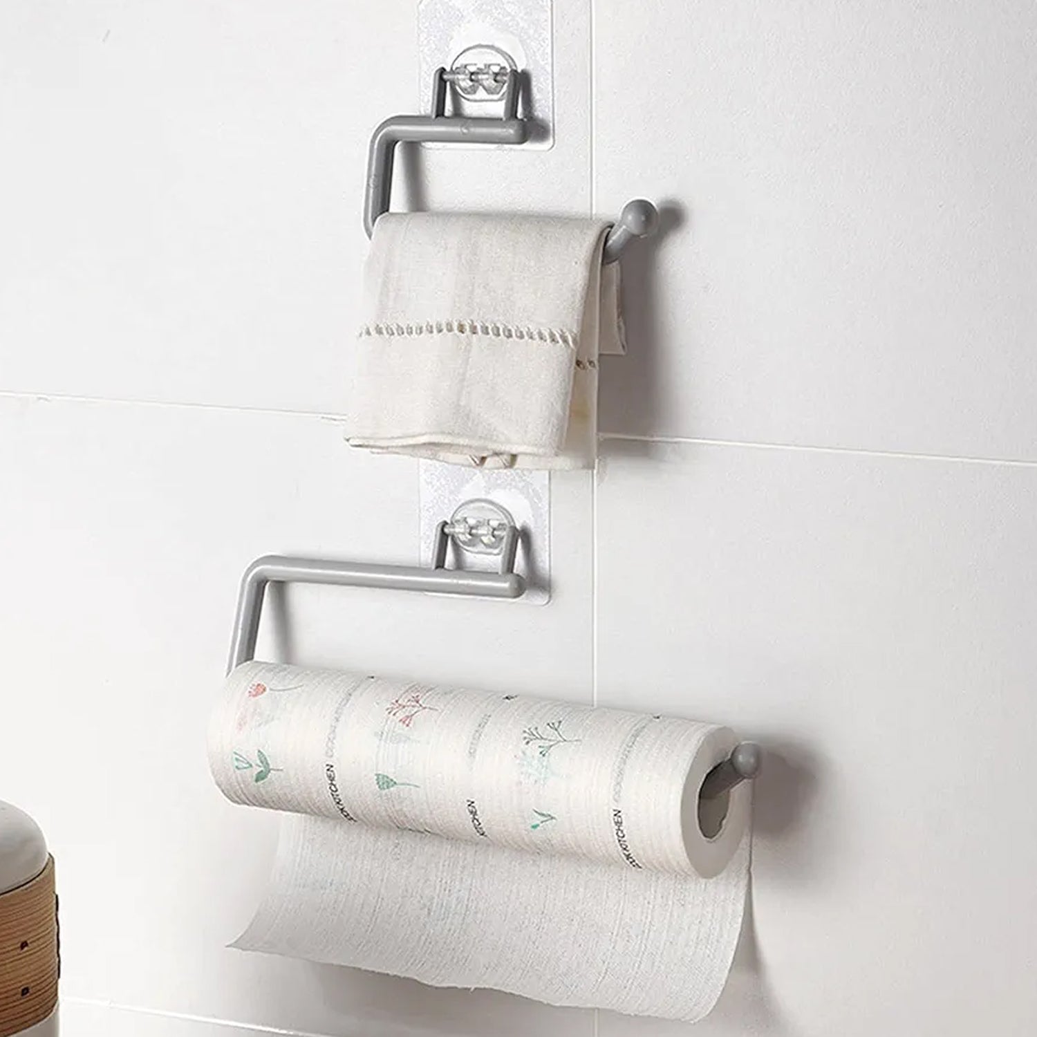 Paper towel holder in kitchen showing smooth roll dispensing