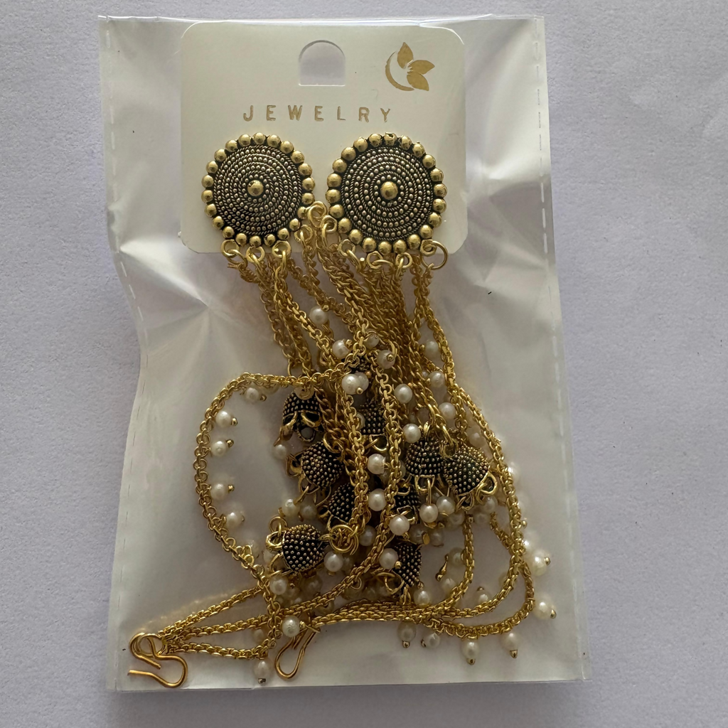 Traditional Gold Tone Jhumka Earrings with Pearl Drops and Elegant Layered Chain Design for Women