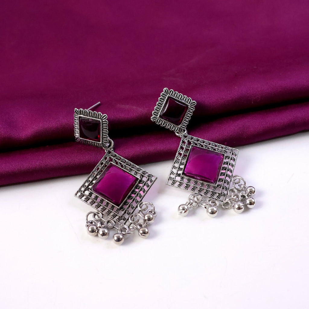 Traditional Indian Oxidised Dangler Earrings with Square Red Monalisa Stones