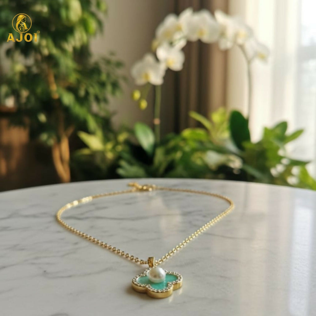 Elegant Gold Plated Floral Pendant Necklace with Pearl & Mint Enamel for Women