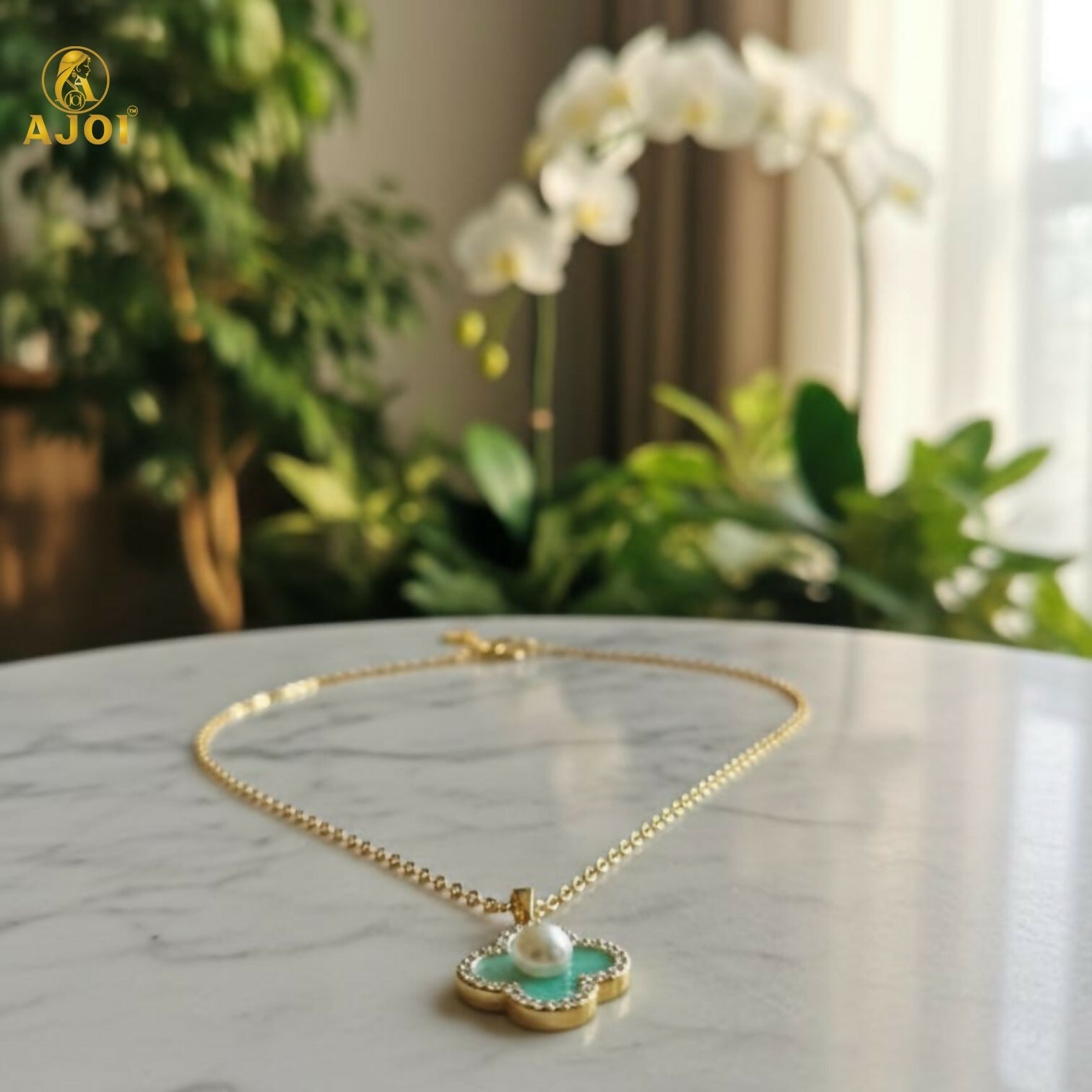 Elegant Gold Plated Floral Pendant Necklace with Pearl & Mint Enamel for Women