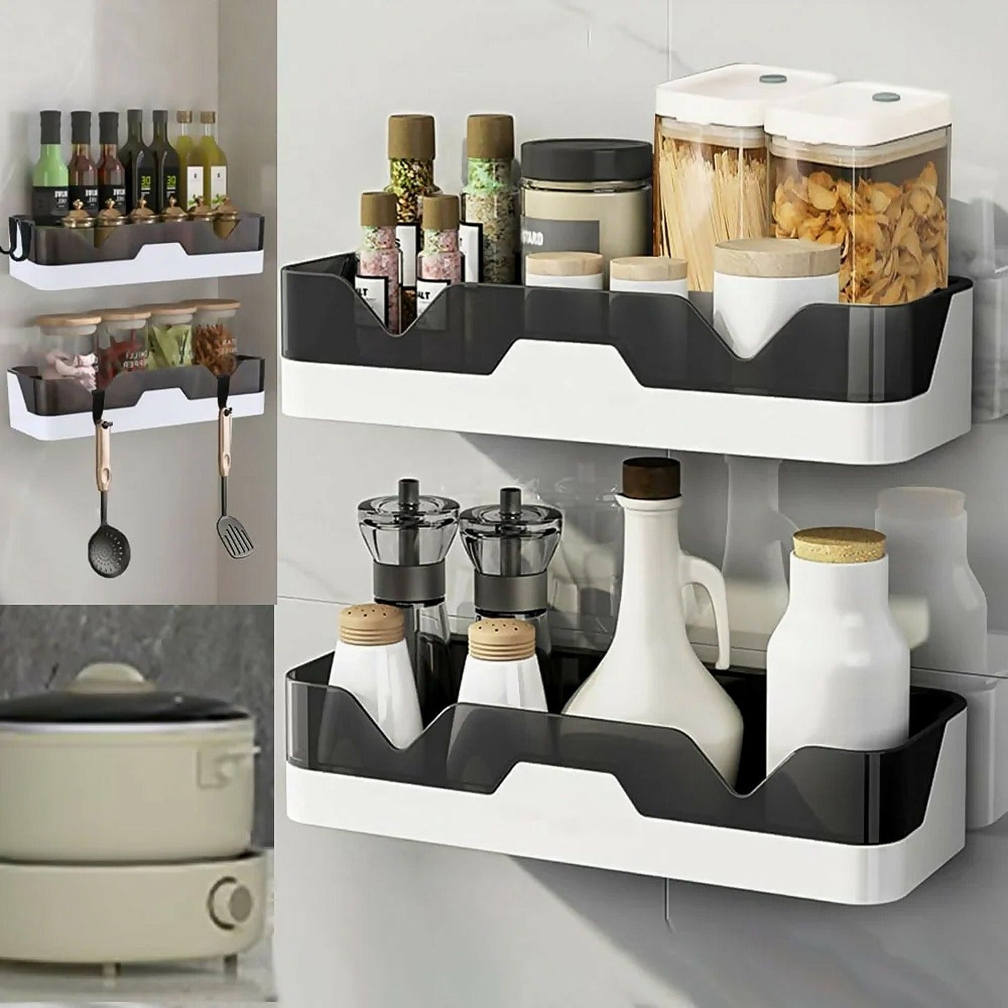 Mounted wall storage shelf holding toiletries and bottles
