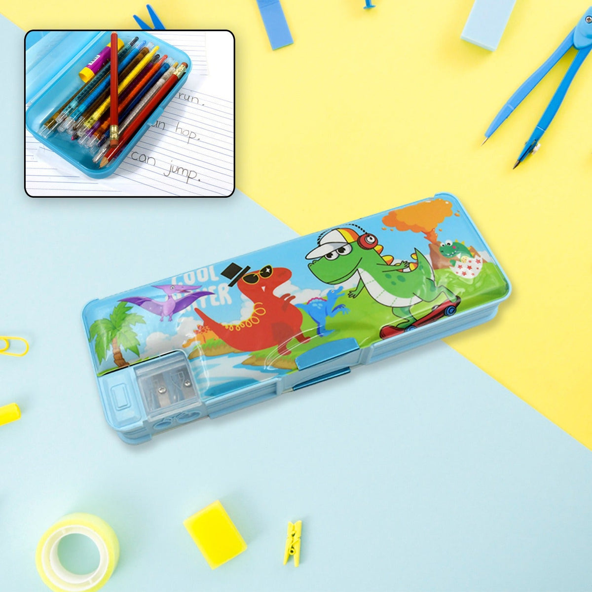 Blue dinosaur pencil case on a yellow and blue background with a small inset showing pencils inside.