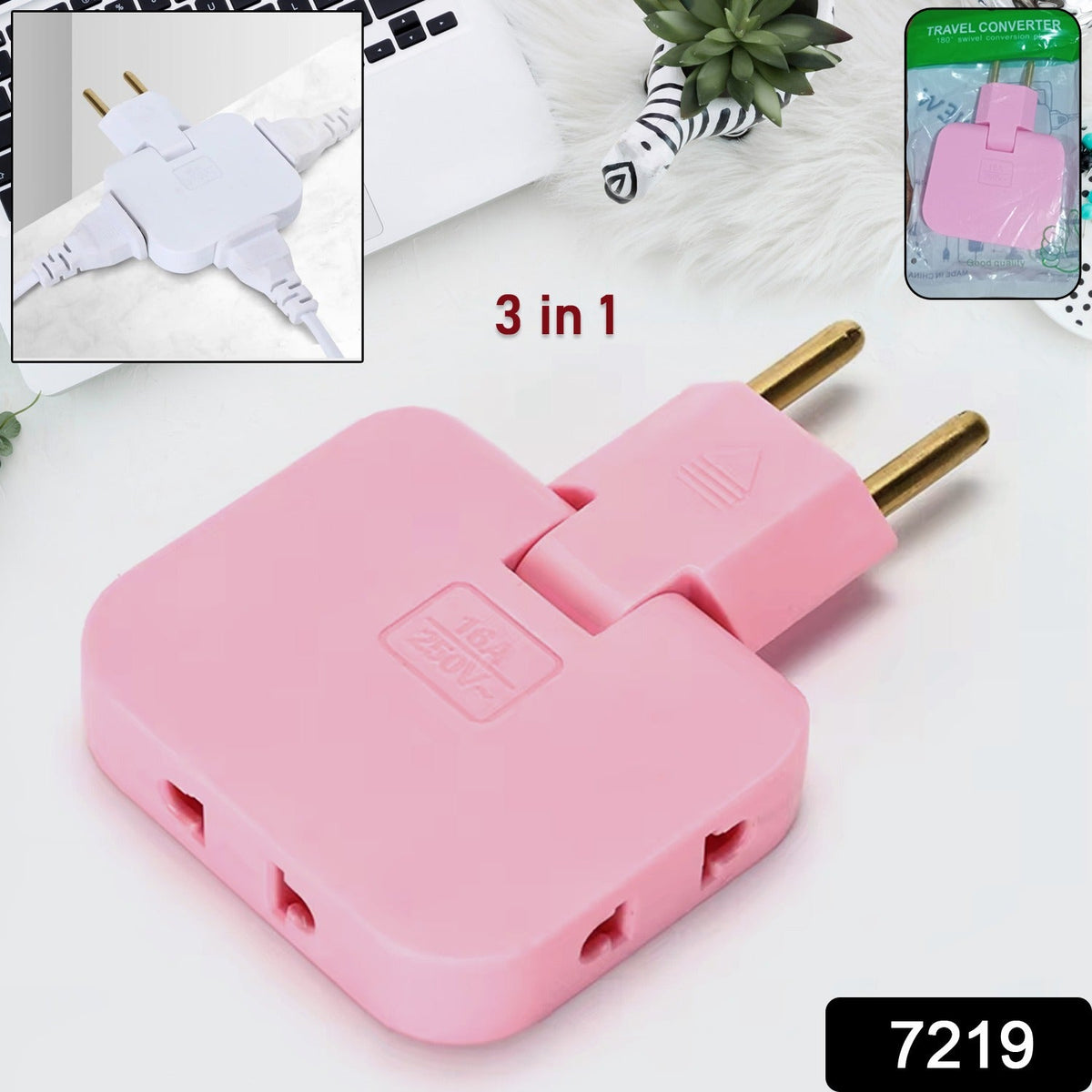 Pink 3-in-1 foldable wall plug adapter on a desk with a laptop and plant. Inset shows the product in packaging.