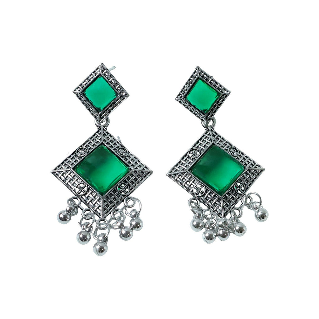 Traditional Indian Oxidised Dangler Earrings with Square Green Monalisa Stones