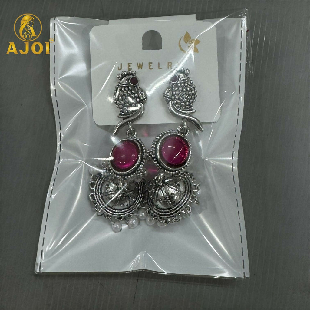 Antique Silver Peacock Jhumka Earrings with Pink Stone & Pearl Drops – Traditional Ethnic Dangle Earrings