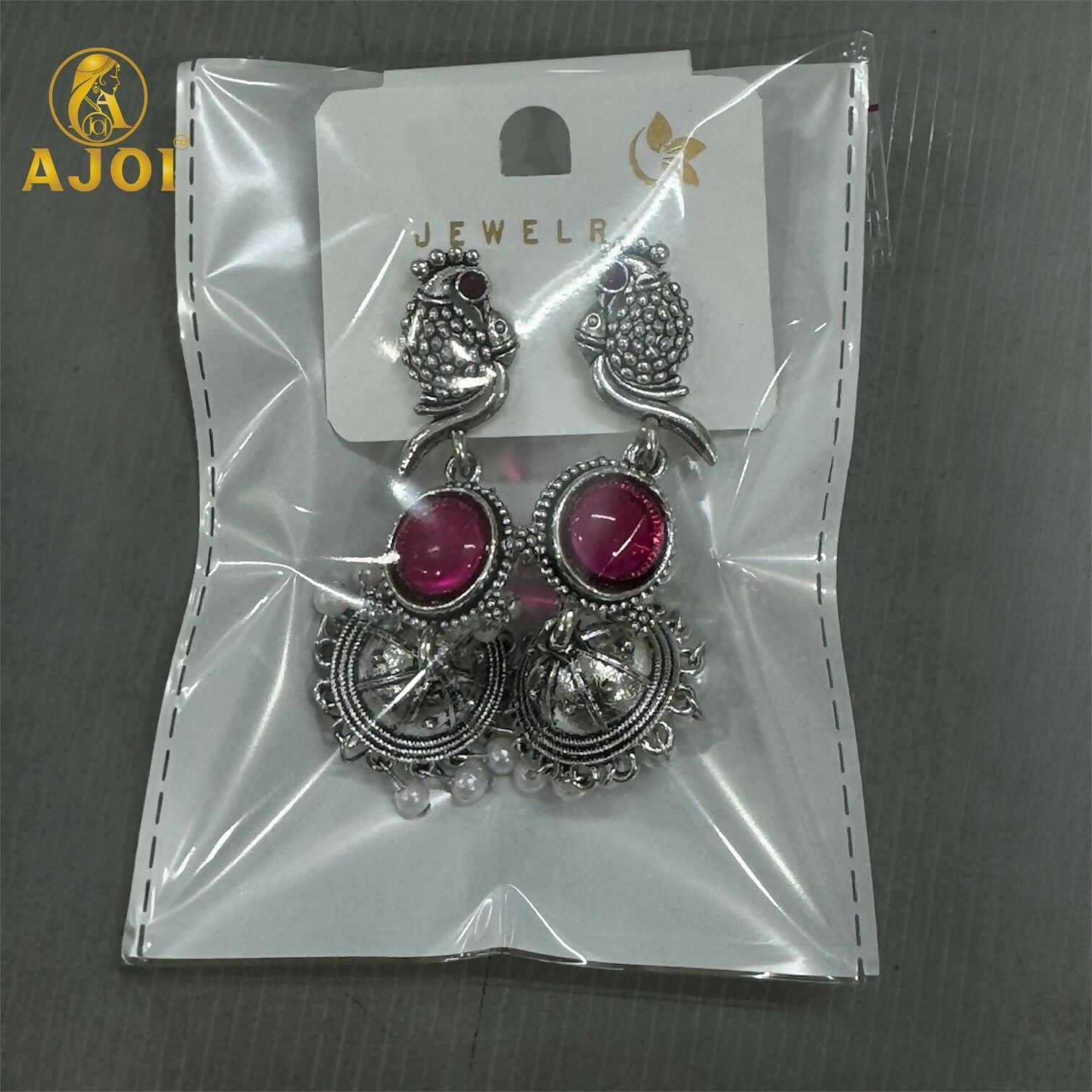 Antique Silver Peacock Jhumka Earrings with Pink Stone & Pearl Drops – Traditional Ethnic Dangle Earrings