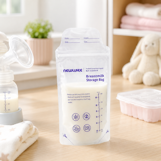 A clear breastmilk storage bag filled with milk stands next to a breast pump and baby items.
