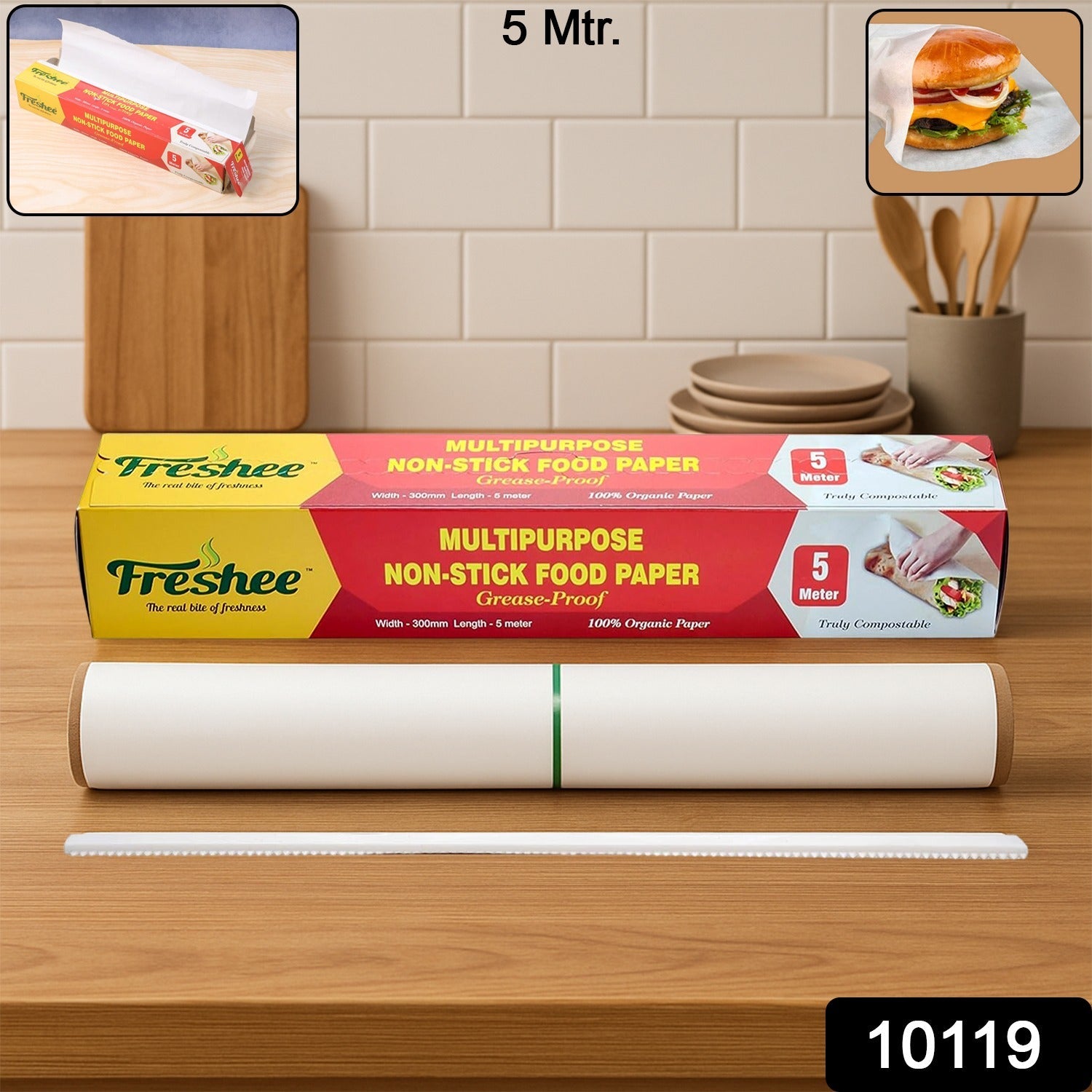 Sandwich wrapped in Freshee non-stick food paper demonstrating food wrapping use