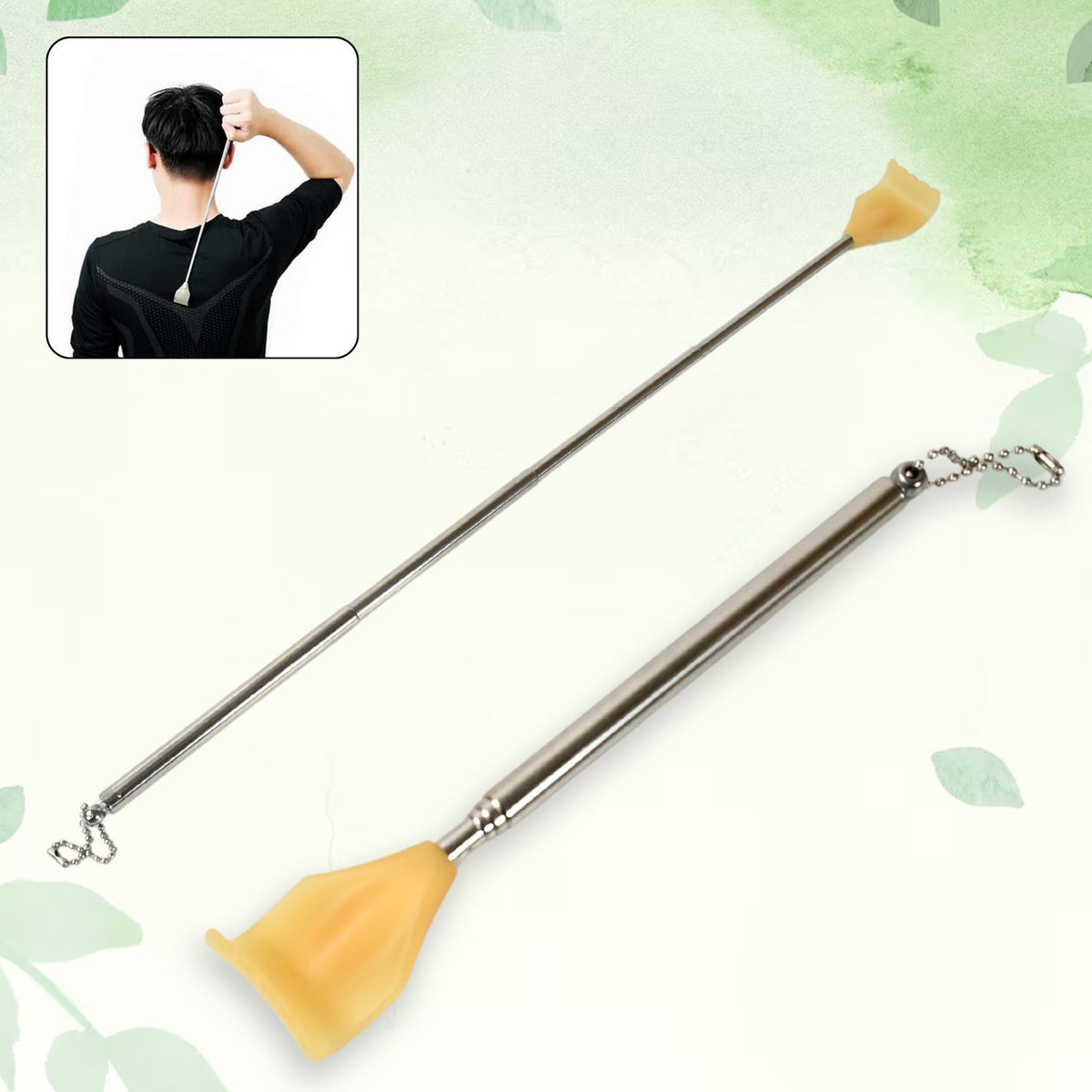 Two silver telescoping back scratchers with yellow hand-shaped heads, one extended and one retracted, against a green leafy