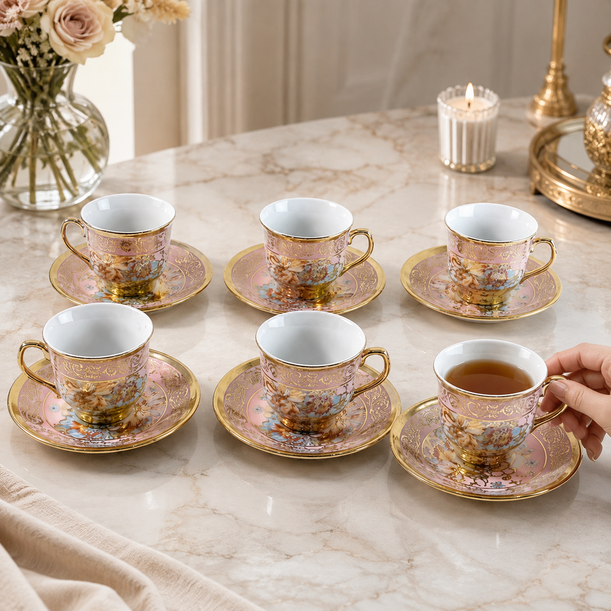 Six pink and gold floral porcelain teacups and saucers arranged on a marble table with a lit candle.