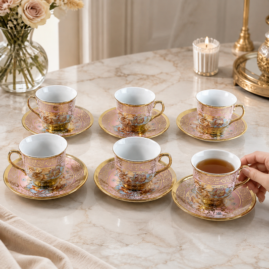 Six pink and gold floral porcelain teacups and saucers arranged on a marble table with a lit candle.
