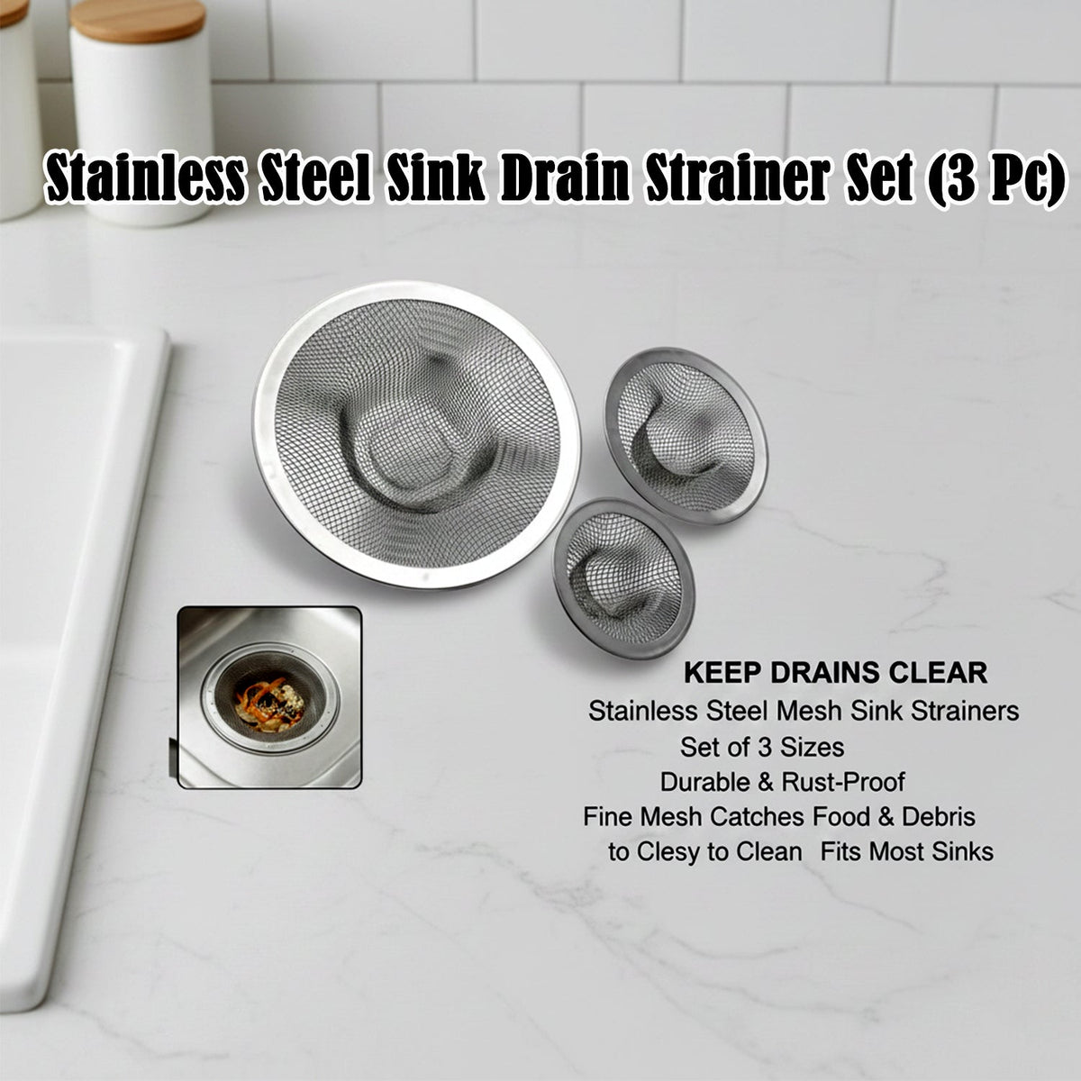 Three stainless steel mesh sink strainers on a white countertop with text describing product features.