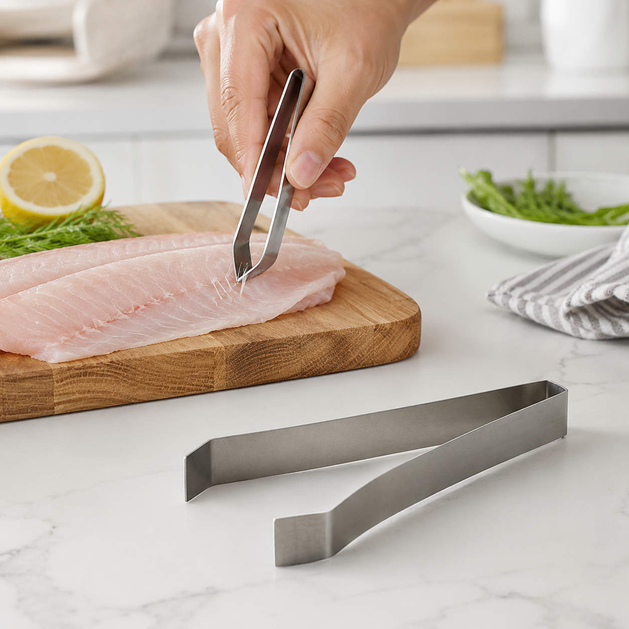 A hand uses silver stainless steel tweezers to remove bones from a raw fish fillet on a wooden cutting board.