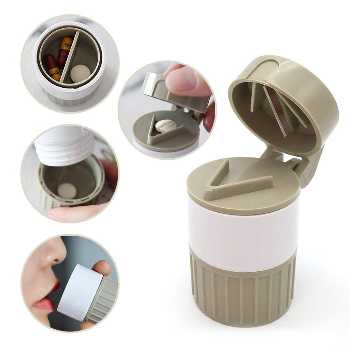 Gray and white pill crusher and cutter with insets showing its various functions like cutting and storage.