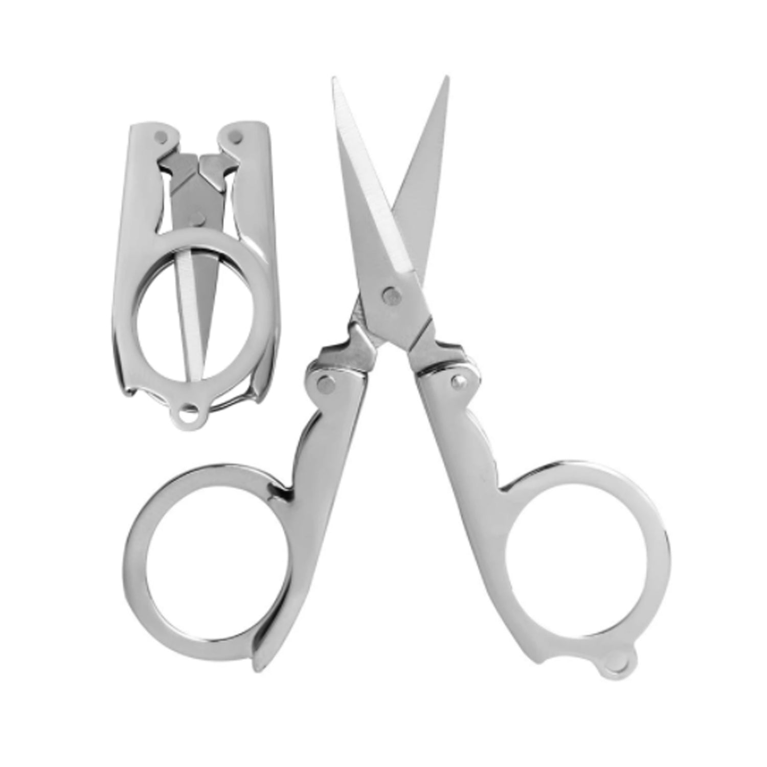 Two silver folding scissors, one open and one closed, are displayed on a plain white background.