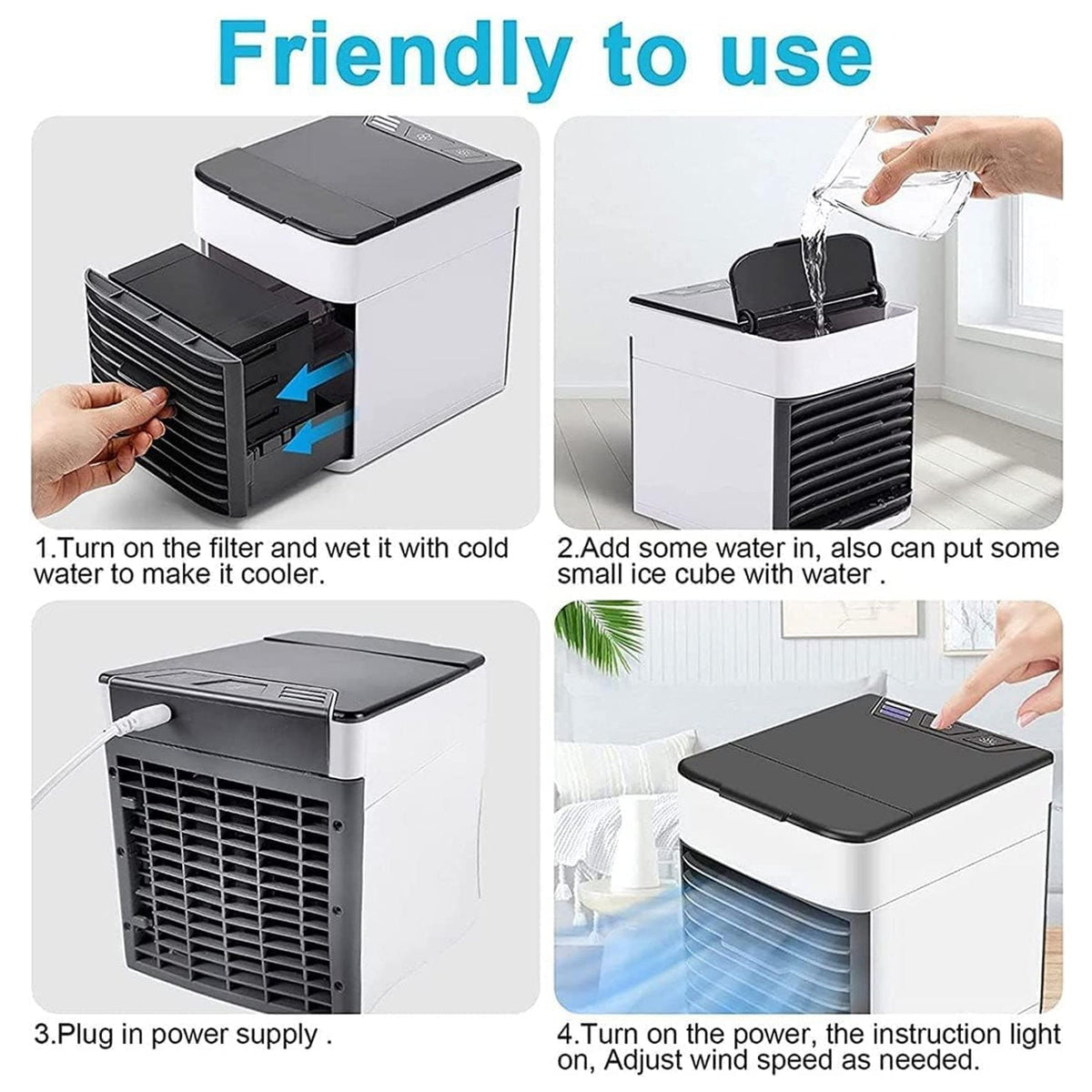 Four step-by-step instructions showing how to use the portable air cooler, including adding water and plugging it in.