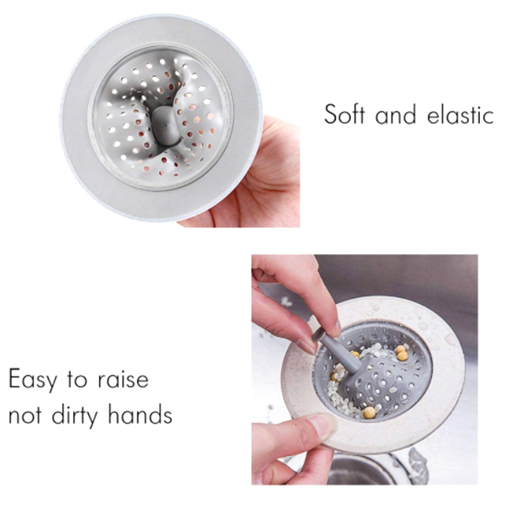 Two images showing a beige and gray silicone sink strainer; one demonstrating its flexibility, the other its easy removal.
