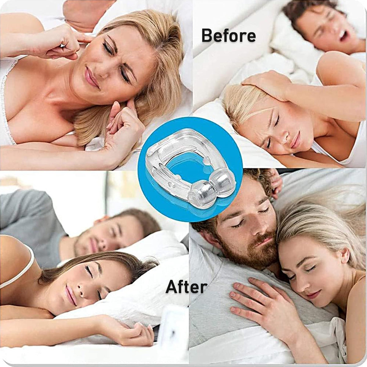 A four-panel image contrasting people struggling to sleep before using the nose clip with people sleeping peacefully after.
