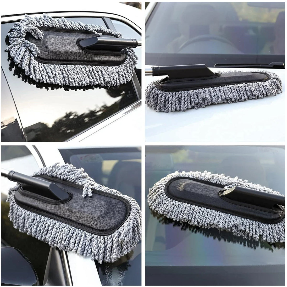 A four-panel image showing the gray microfiber car duster cleaning various parts of a car, including windows and hood.