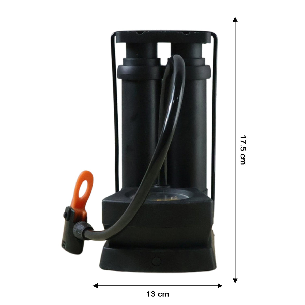 A black foot air pump with an orange nozzle, showing dimensions of 17.5 cm height and 13 cm width.