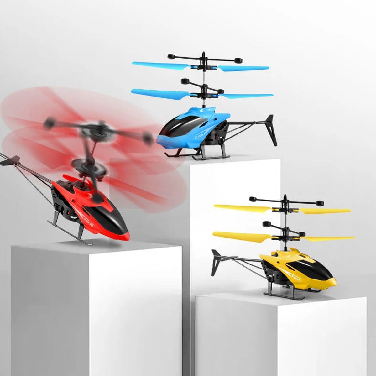 Detailed photo of the red and black remote control helicopter toy's robust body.