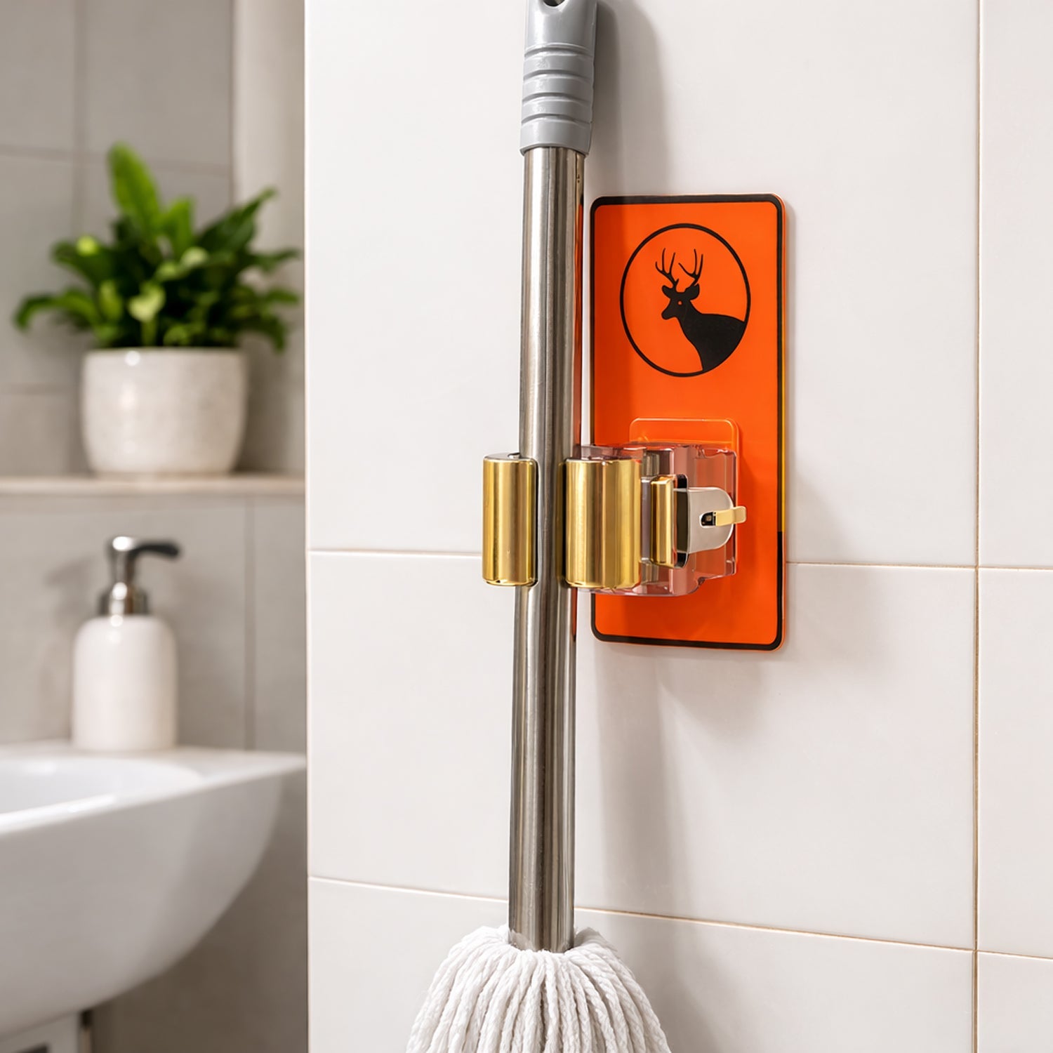 Mop holder clip for kitchen and bathroom storage