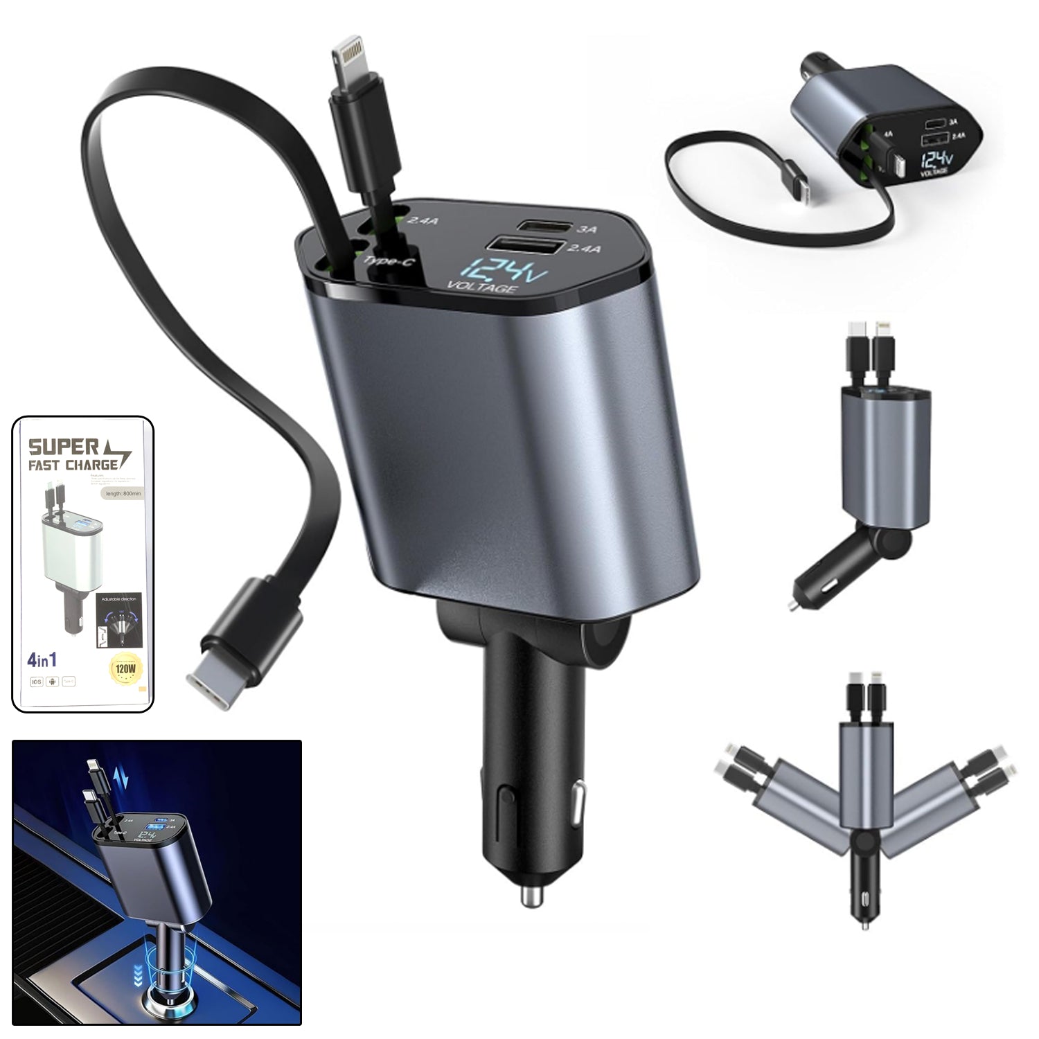 A collage displaying the 4-in-1 car charger from multiple perspectives, highlighting its compact design and various features.