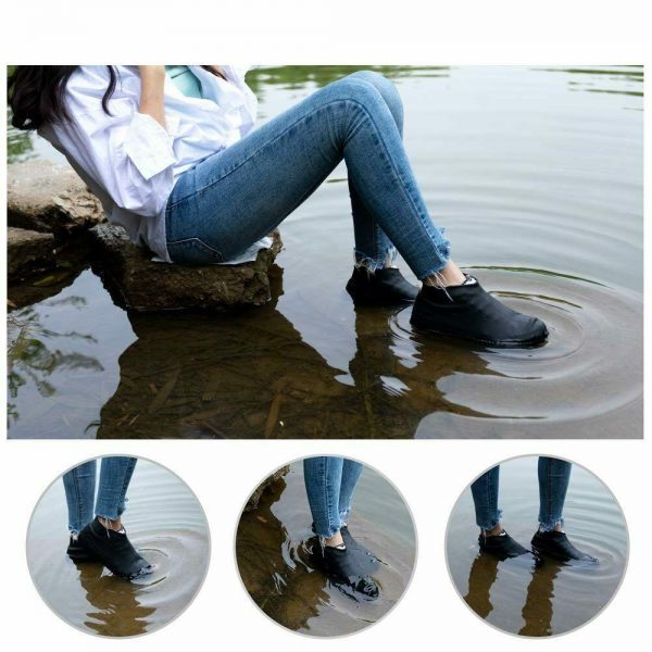 A pair of black silicone shoe covers with textured soles are shown, with a circular inset of a person's feet wearing them in