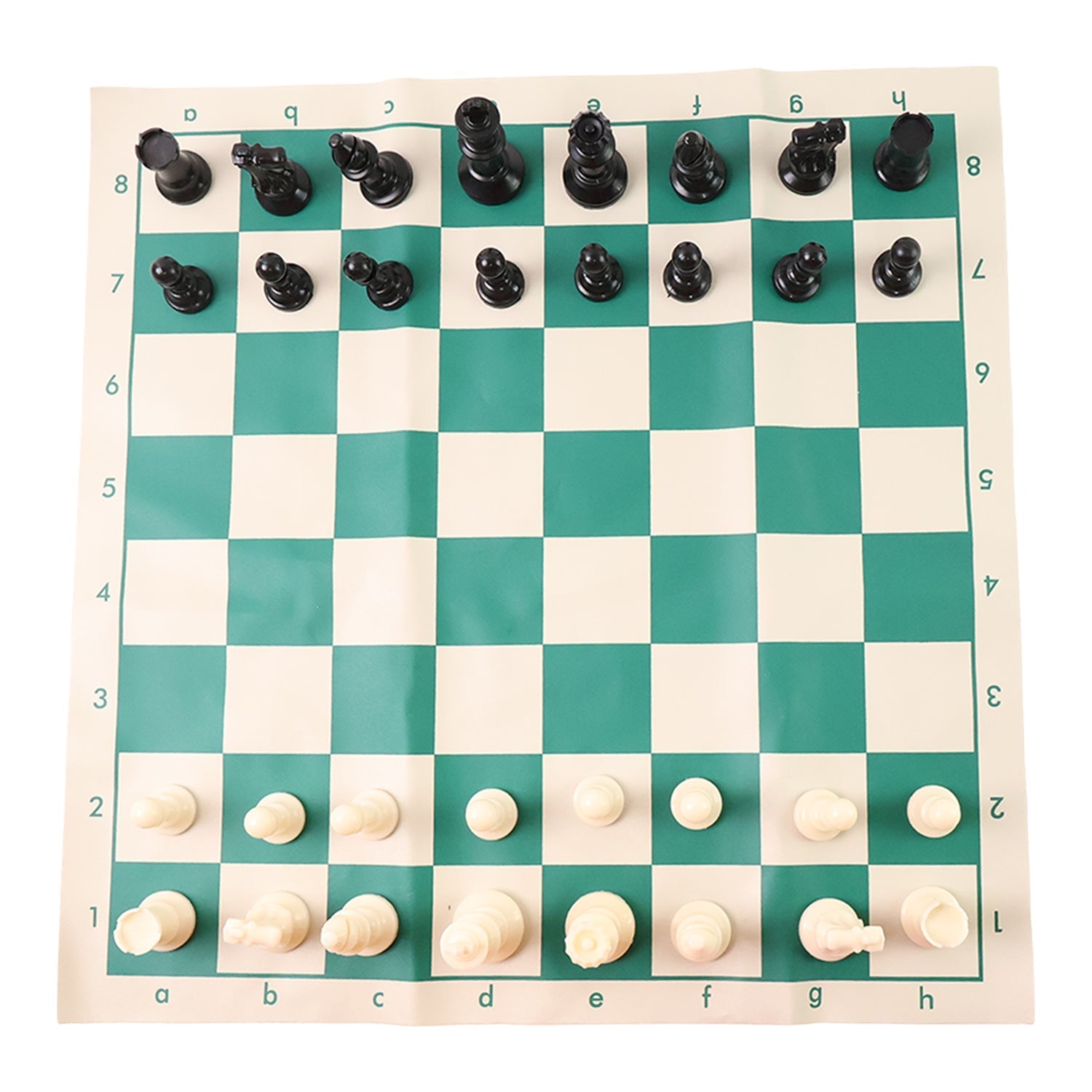 Compact folding chess set with vinyl board and plastic chess pieces