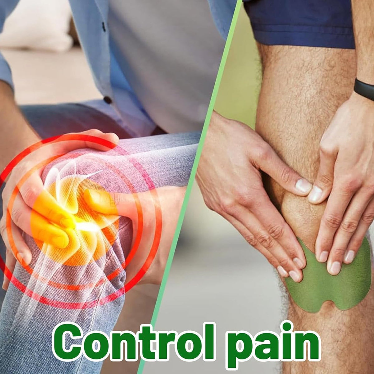A split image shows a person with a glowing red knee on the left and a person applying a green patch to their knee on the