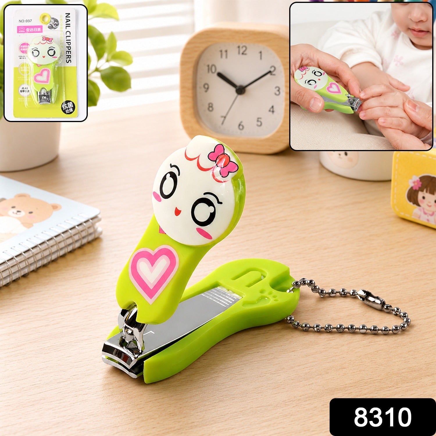 A green and white cartoon character nail clipper with a pink heart, next to a clock and a hand clipping a child's nail, with