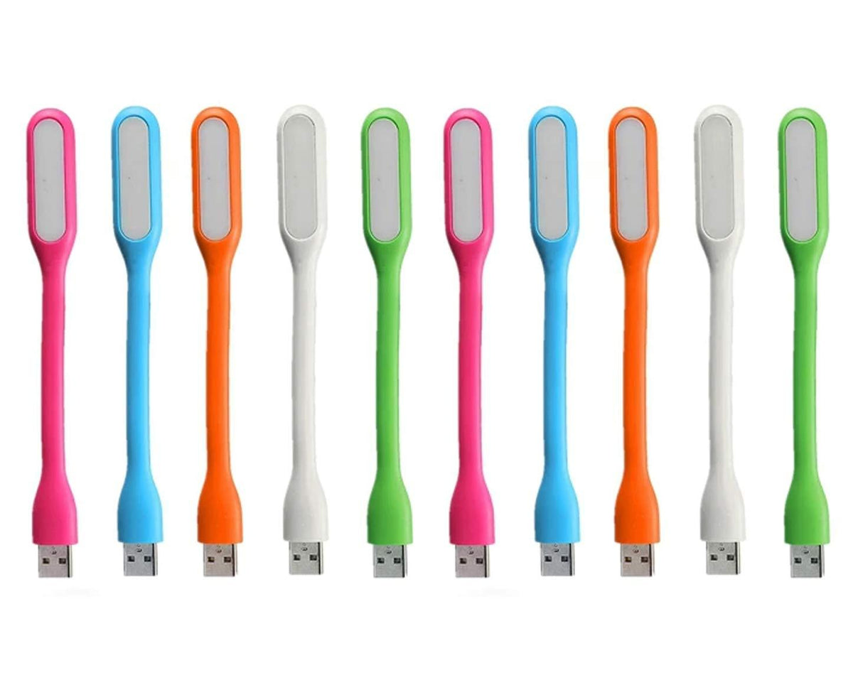 Ten flexible USB LED lamps in various colors including pink, blue, orange, white, and green arranged in a row.